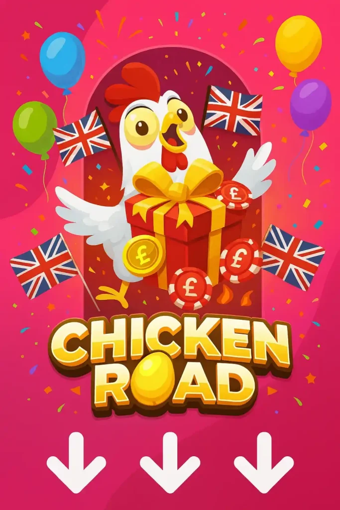 Chicken Road pink poster with cartoon chicken and arrows