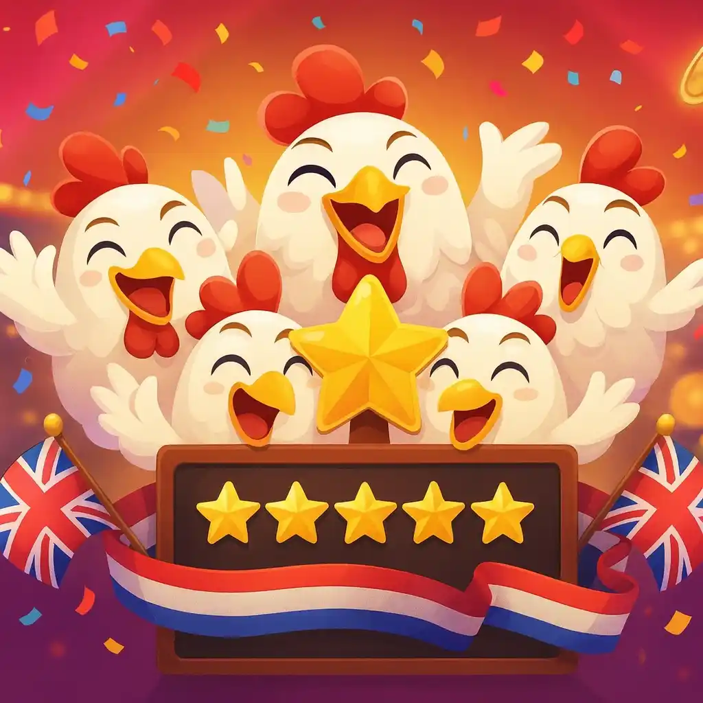 Chicken Road review stars rating with cartoon chicken
