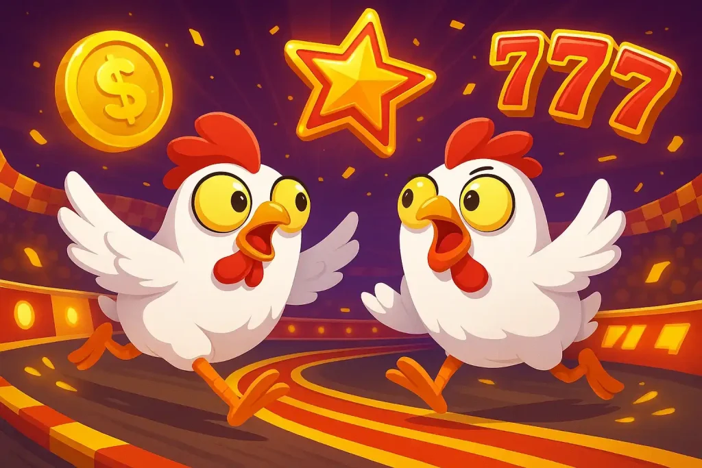 Two cartoon chickens from Chicken Road in festive casino race
