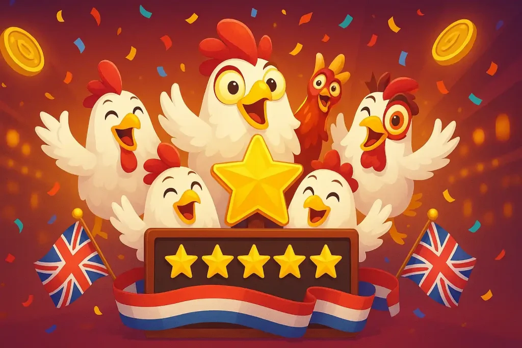 Cartoon chickens celebrating victory with golden coins
